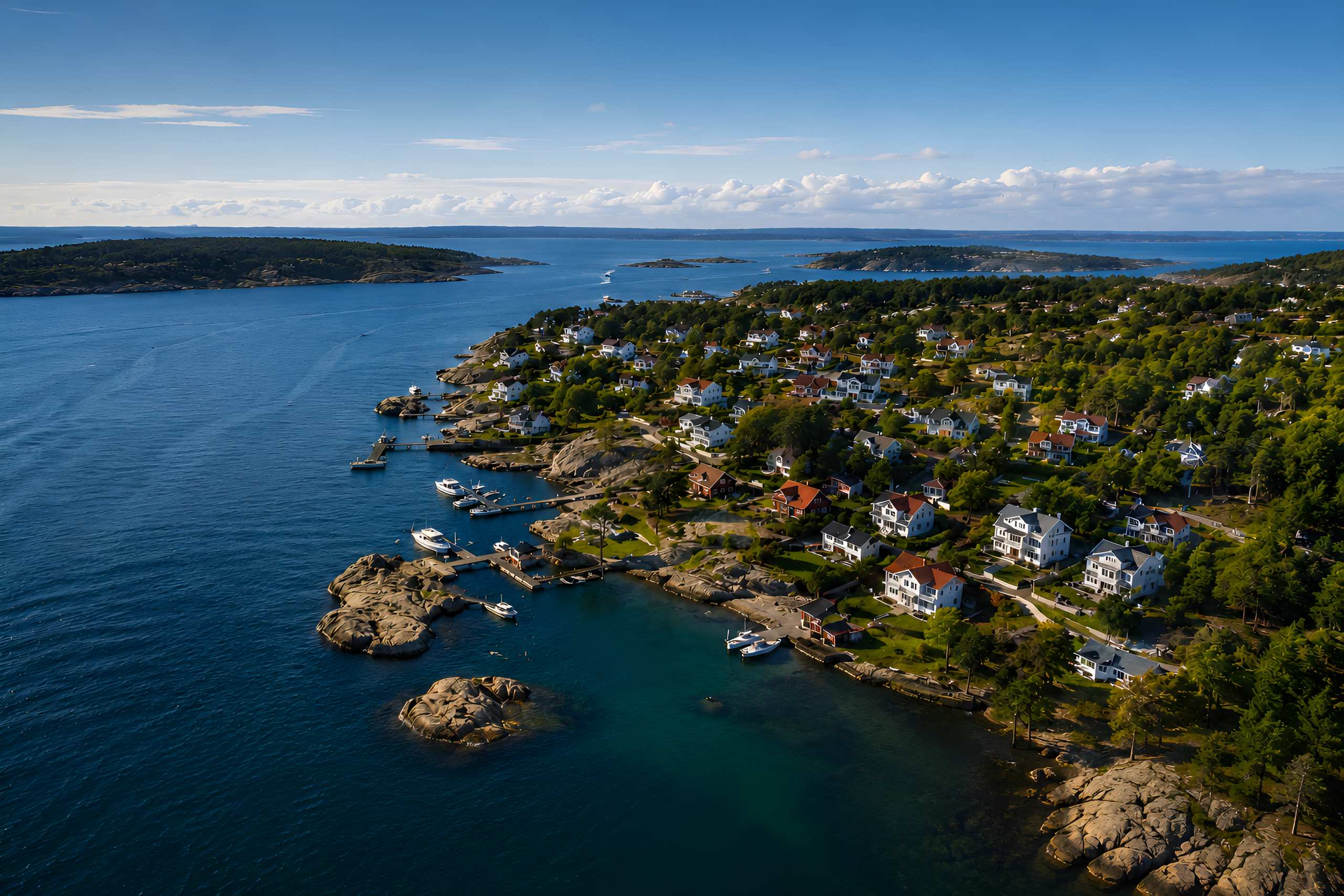 Flygvy över en svensk skärgårdsby — granitklippor, bryggor och trähus vid havet